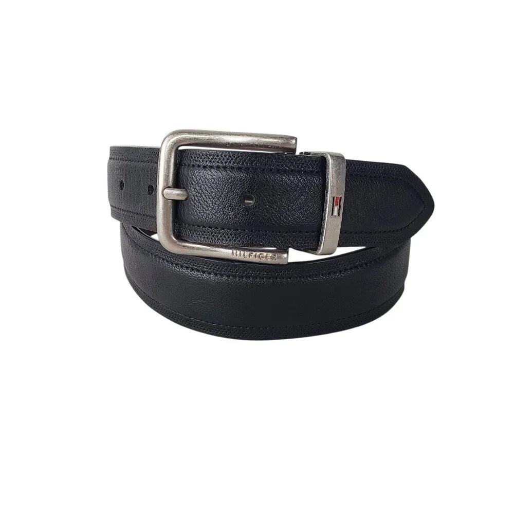 Tommy Hilfiger Reversible Belt Black Brown Brushed Nickel Synthetic Mens 30-32